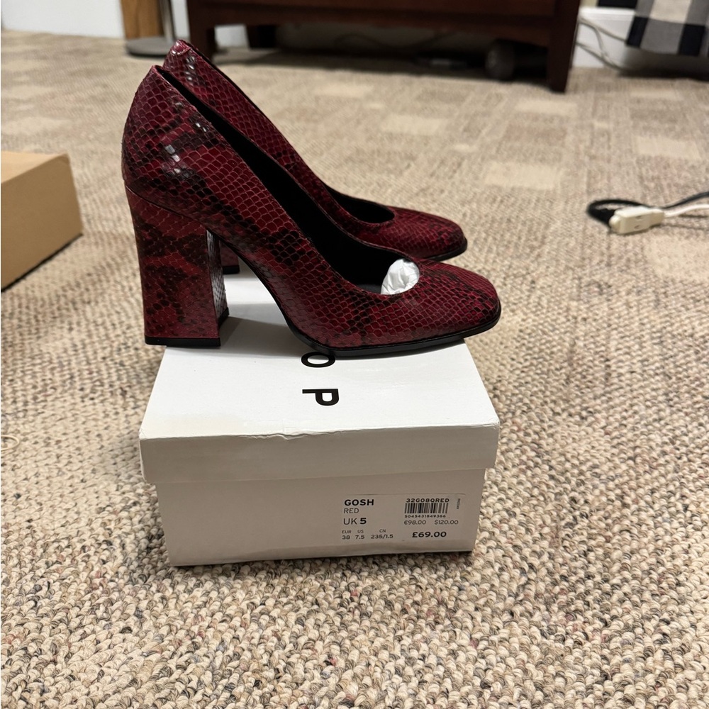 Topshop Burgundy Snakeskin Heels